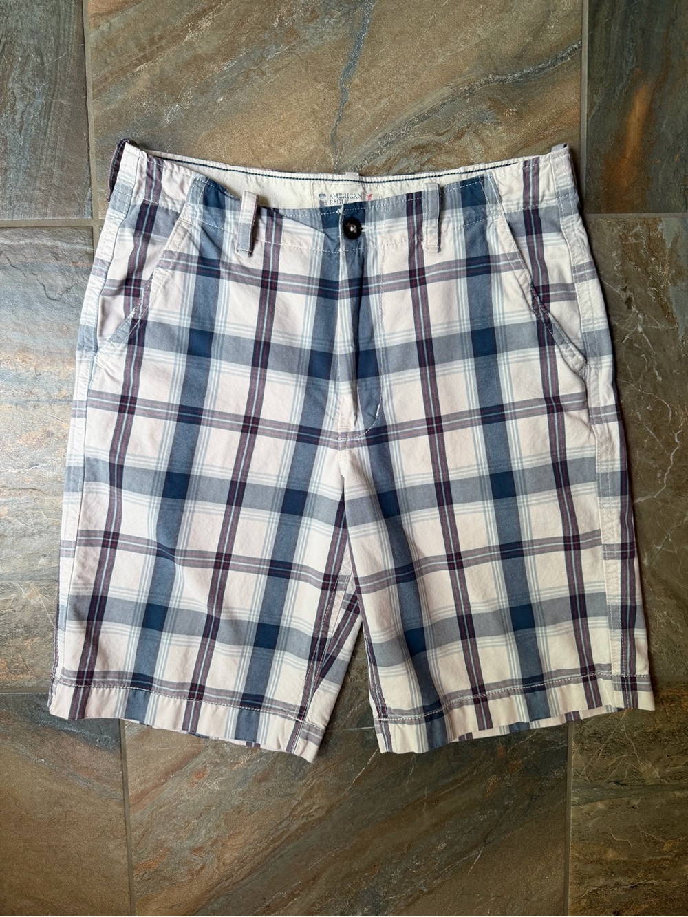 Vintage 2010 American Eagle Plaid Shorts Men's 34 Longer Length Navy Cream